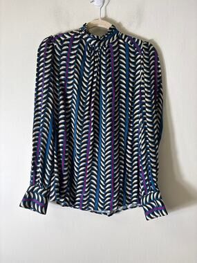 Bariloche Blue Black Geoprint Long Sleeve High Neck Blouse Sz M